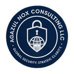 A blue circular logo of Agazul Nox Consulting with a central golden eagle, symbolizing strength and vision. Below, the text 