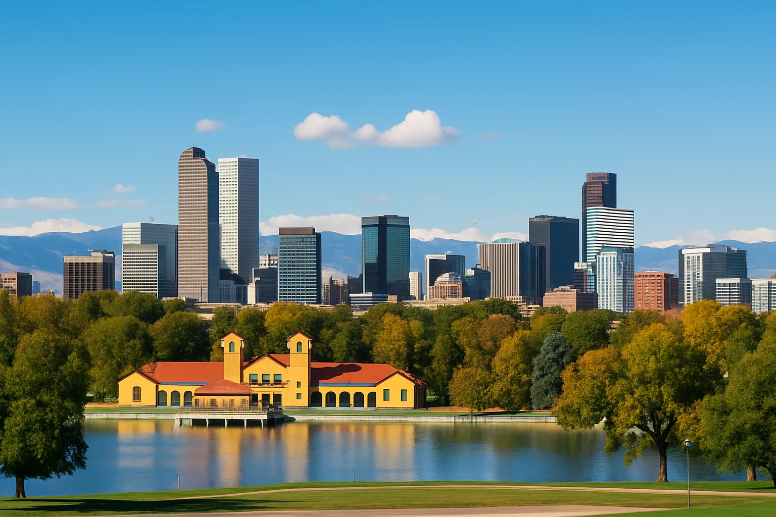 Panoramic view of Denver skyline with Rocky Mountains in the background